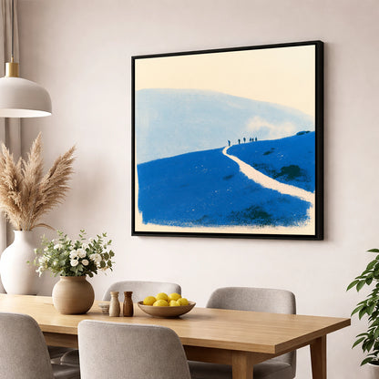 Walkers on a Blue Mountain Path lake district walking wall art displayed in a dining room