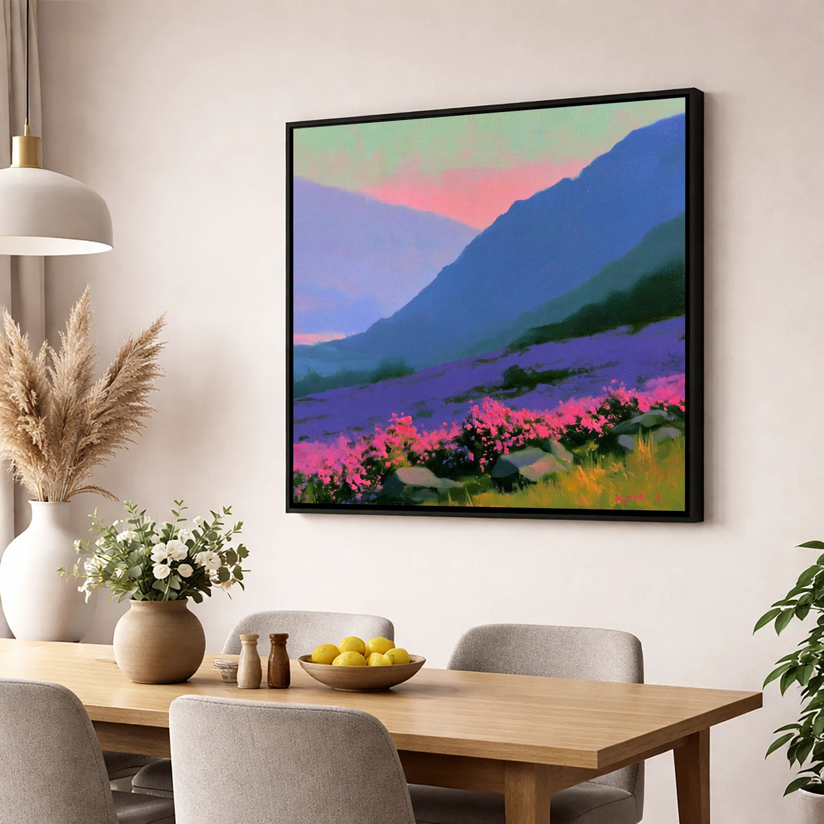Indigo Fells and Vibrant Heather flowers & fellsides wall art displayed in a dining room