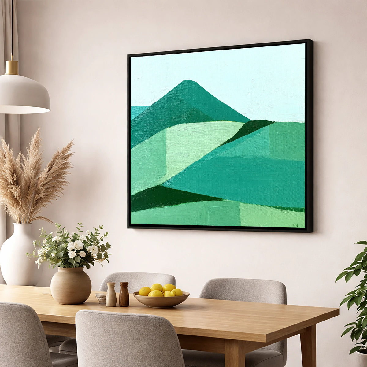 Abstract Green Catbells Fell lake district fell wall art displayed in a dining room