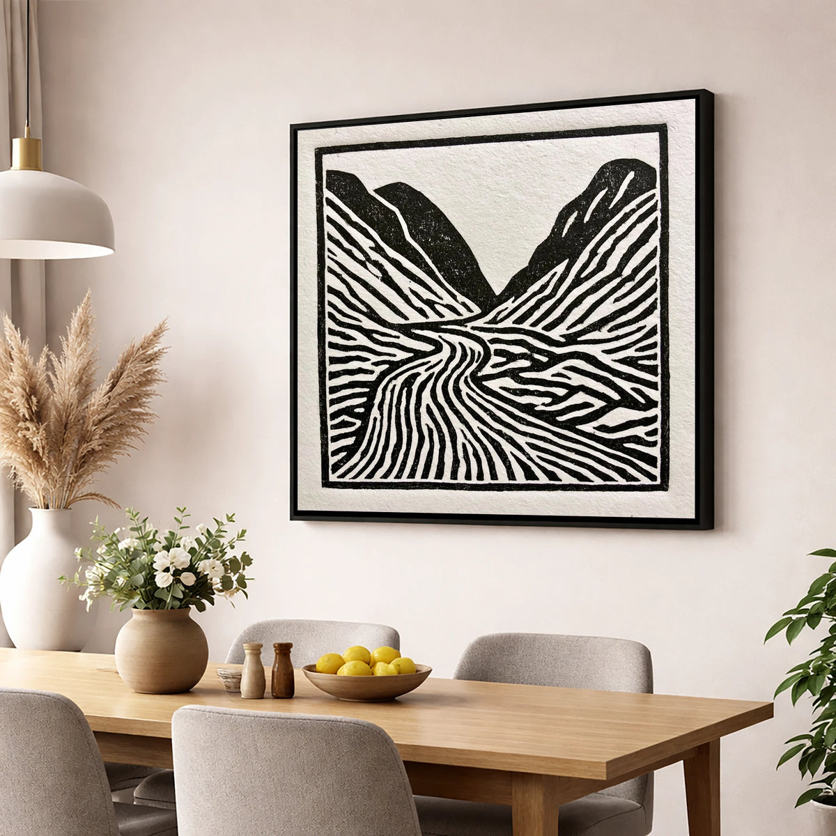 Monochrome Honister Pass Valley lake district valley wall art displayed in a dining room
