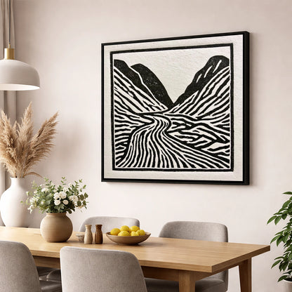 Monochrome Honister Pass Valley lake district valley wall art displayed in a dining room