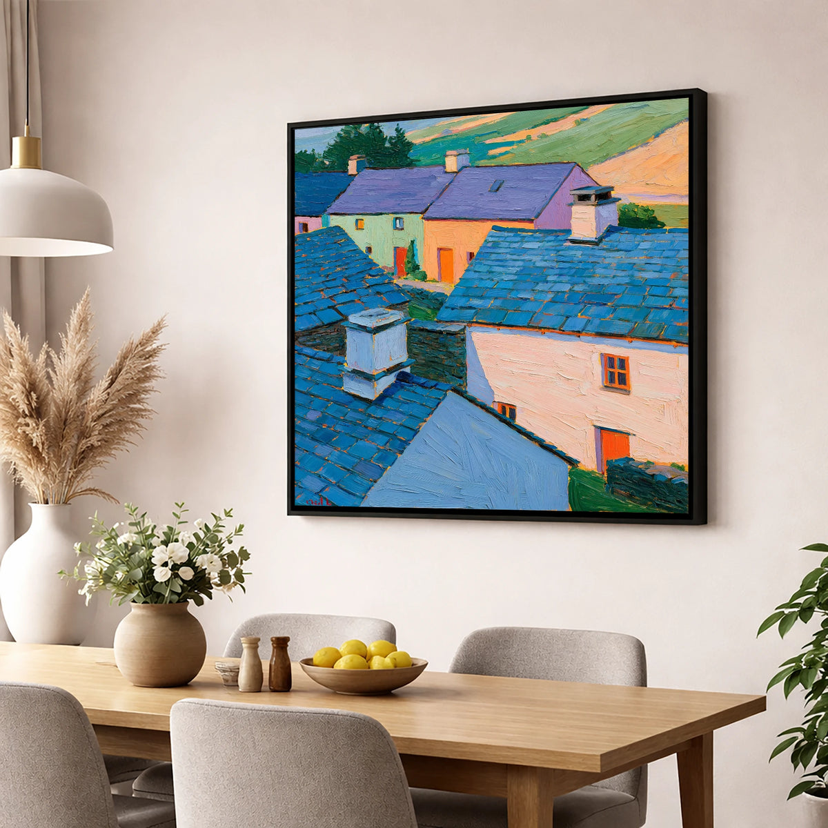 Colourful Slate Roofed Village Cottages lake district village wall art displayed in a dining room