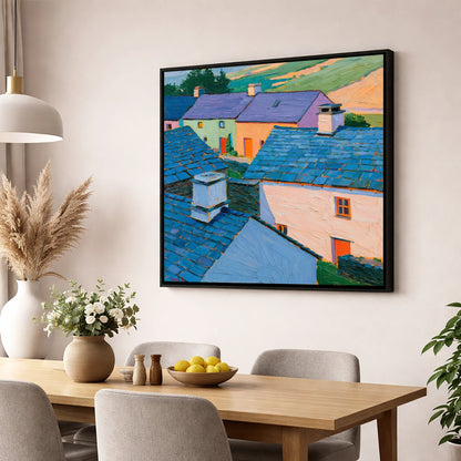 Colourful Slate Roofed Village Cottages lake district village wall art displayed in a dining room
