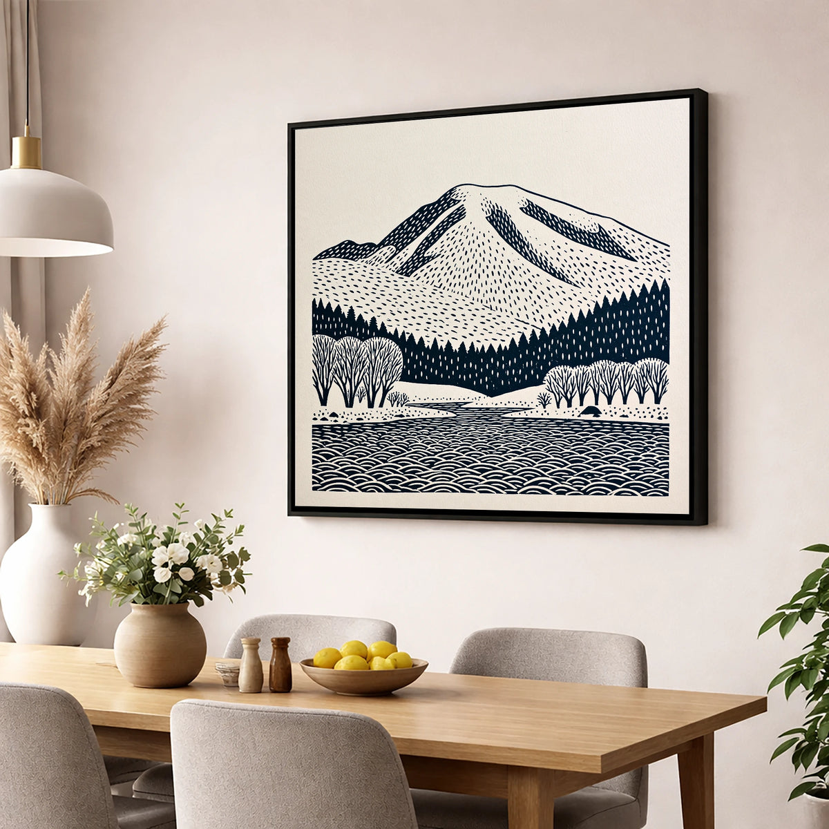 Graphic Skiddaw Mountain Scene lake district fell wall art displayed in a dining room