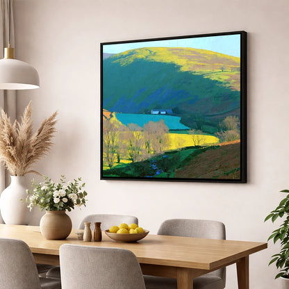 Vibrant Ling Fell Valley Farm lake district fell wall art displayed in a dining room