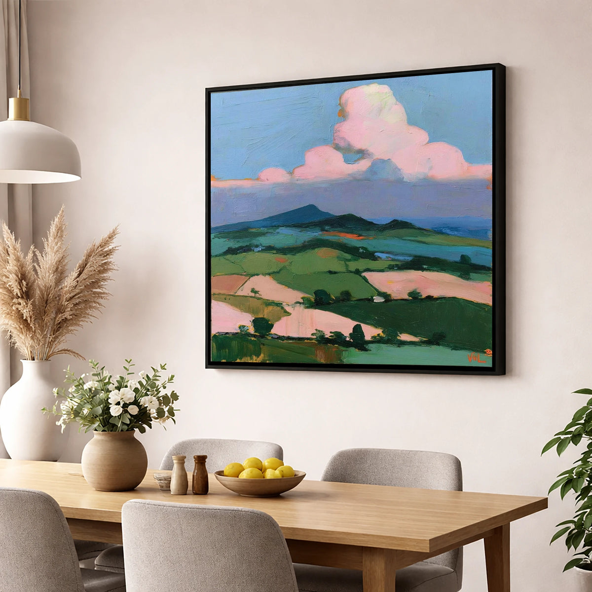Blush Clouds Over Rolling Fells lake district fell wall art displayed in a dining room