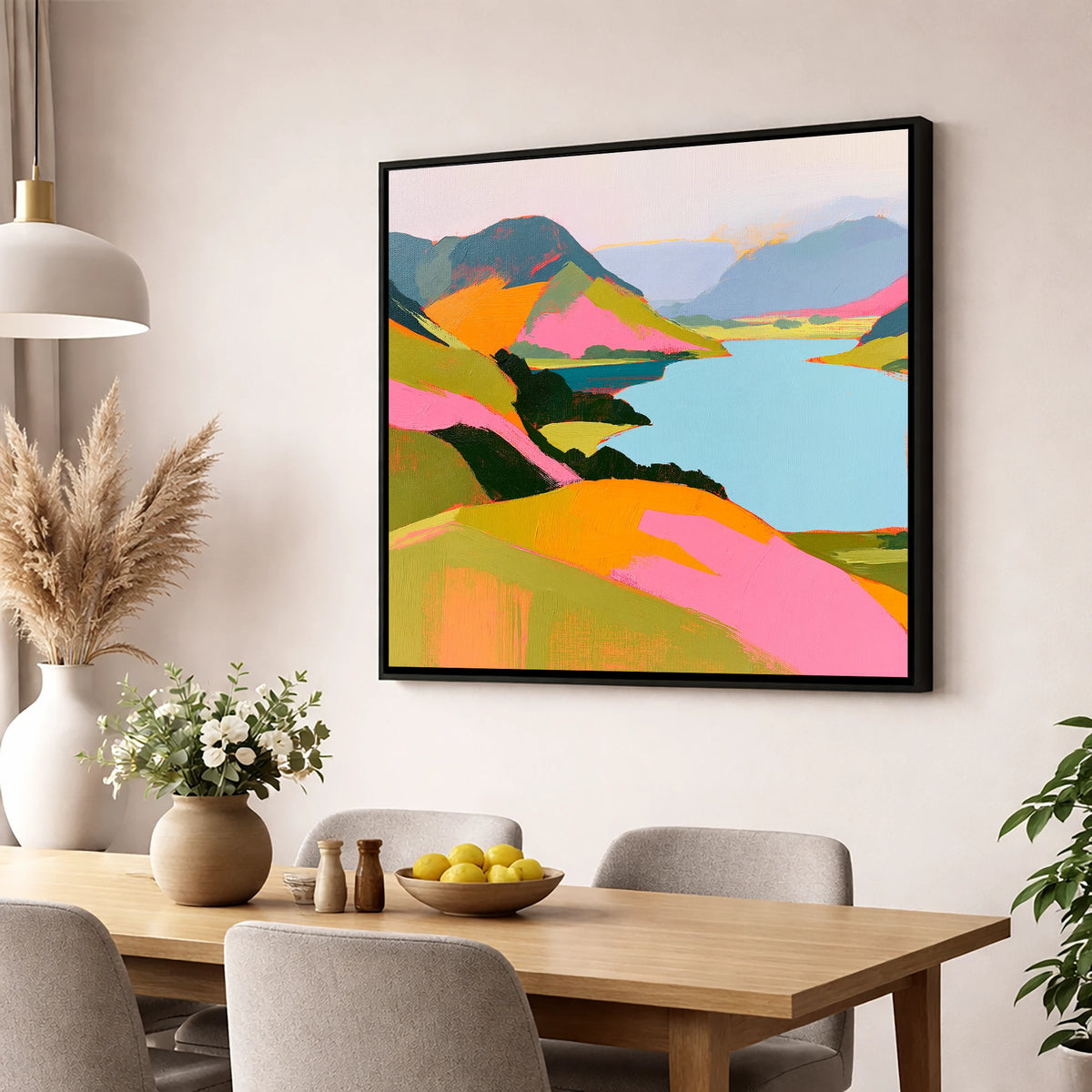 Bold Pink Fells and Lake lake district lake wall art displayed in a dining room