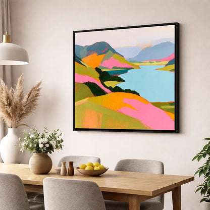 Bold Pink Fells and Lake lake district lake wall art displayed in a dining room