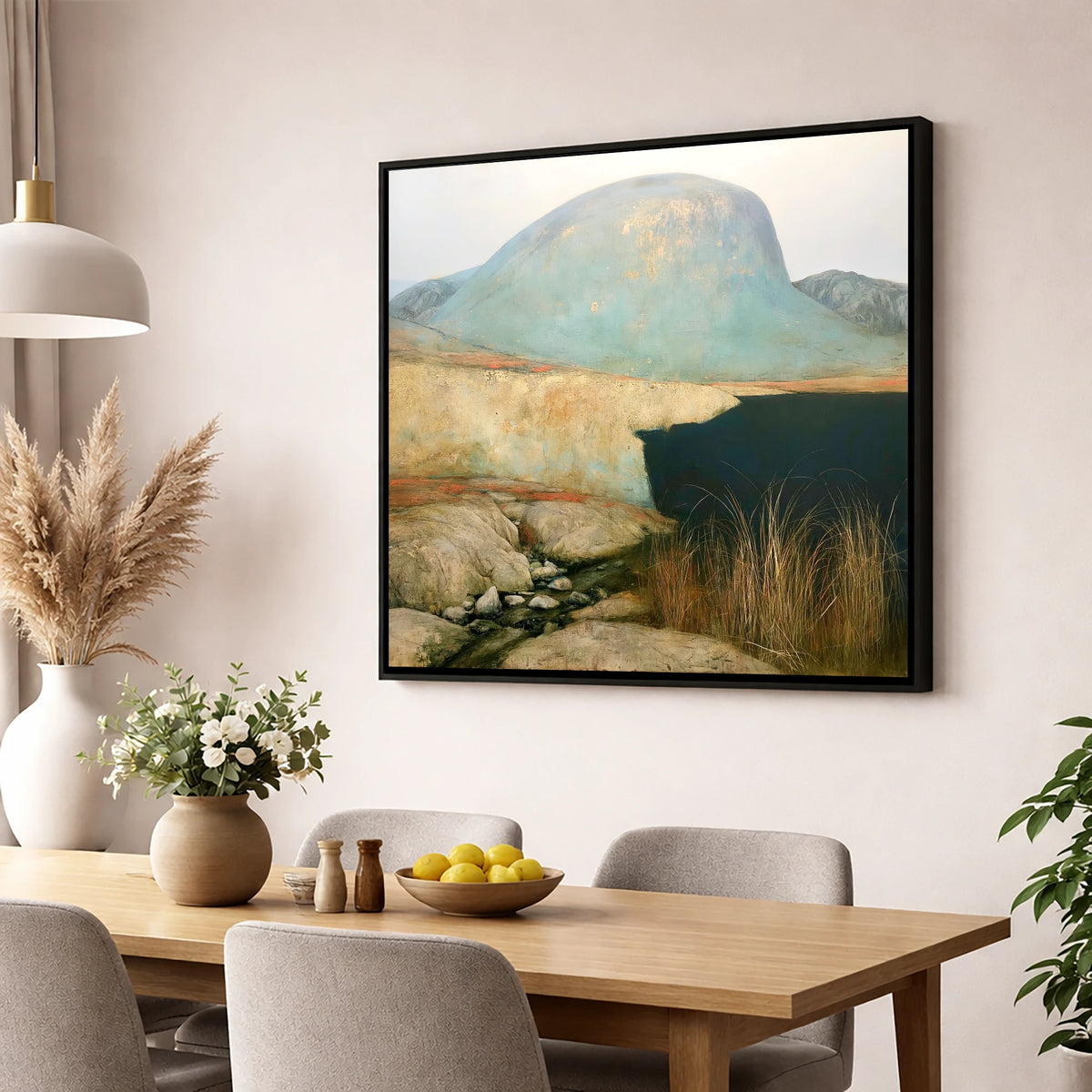 Dark Waters of Styhead Tarn lake district fell wall art displayed in a dining room