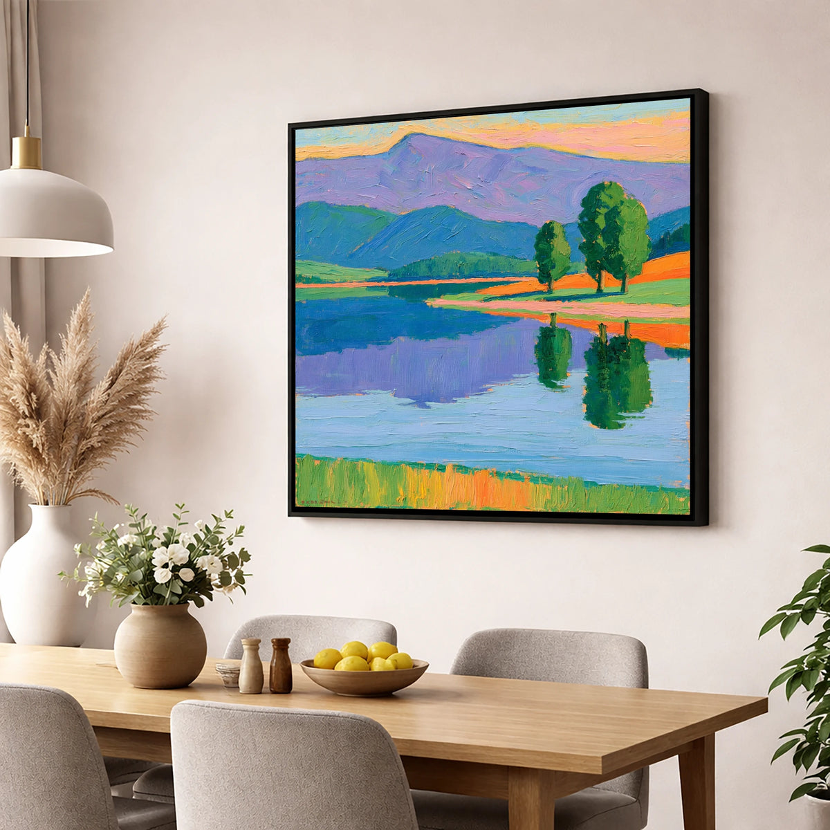 Calm Lake Under Violet Fells lake district lake wall art displayed in a dining room