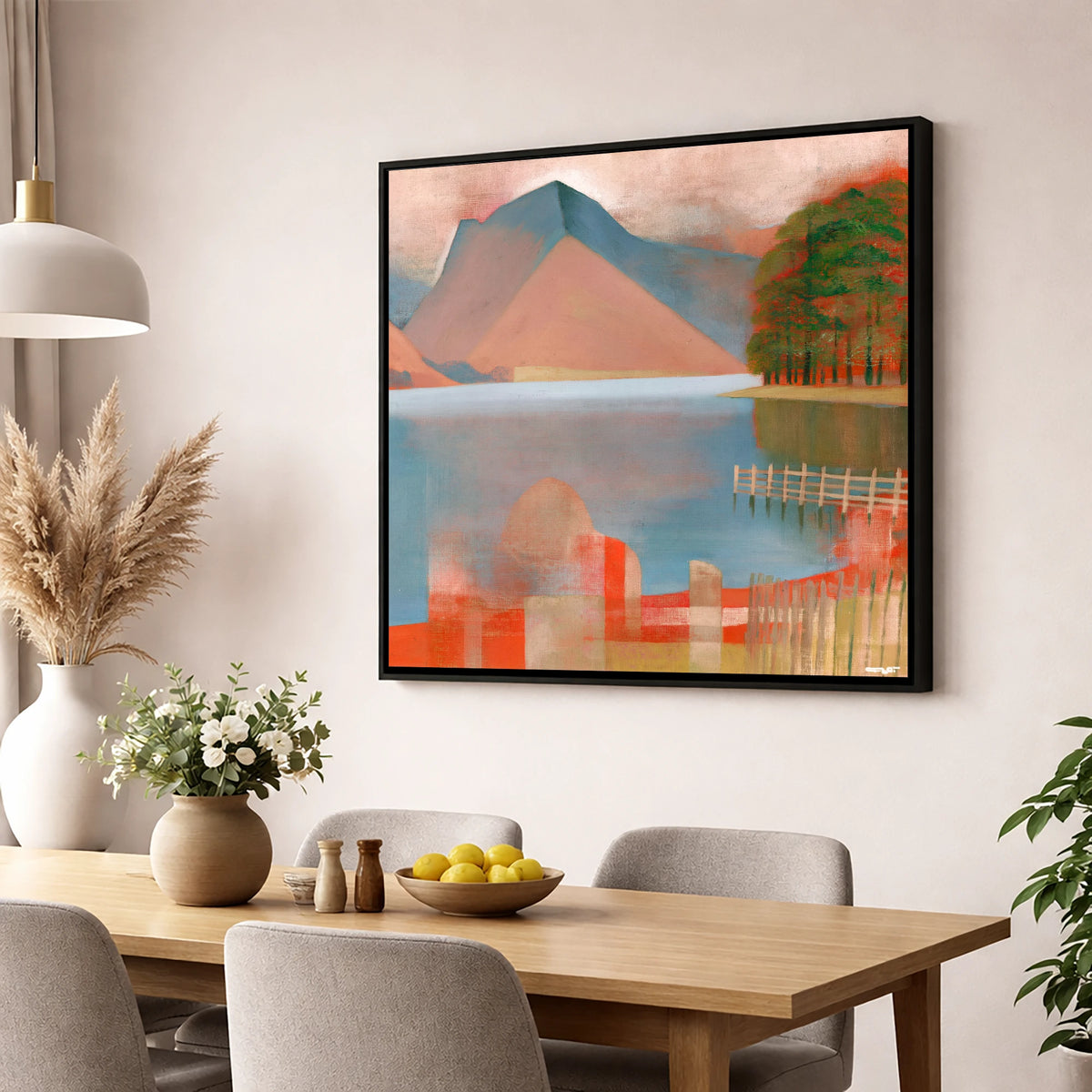 Buttermere in Warm Terracotta lake district lake wall art displayed in a dining room