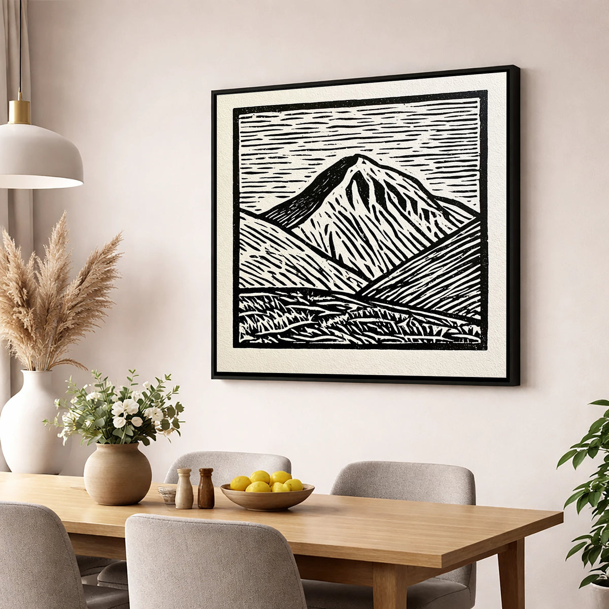 Monochrome Great Gable Peak lake district fell wall art displayed in a dining room