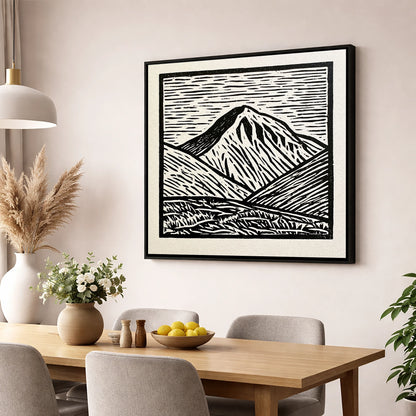 Monochrome Great Gable Peak lake district fell wall art displayed in a dining room