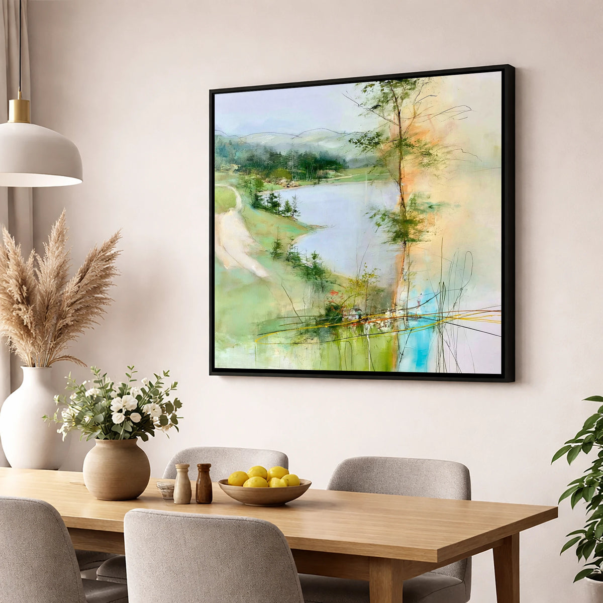 Tarn Hows in Spring Greens lake district lake wall art displayed in a dining room