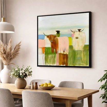 Highland Cattle in Abstract Pastels lake district wildlife wall art displayed in a dining room
