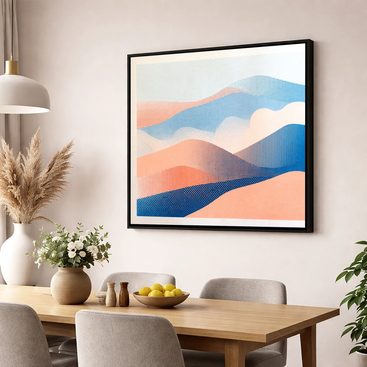 Coral and Blue Rolling Fells lake district fell wall art displayed in a dining room