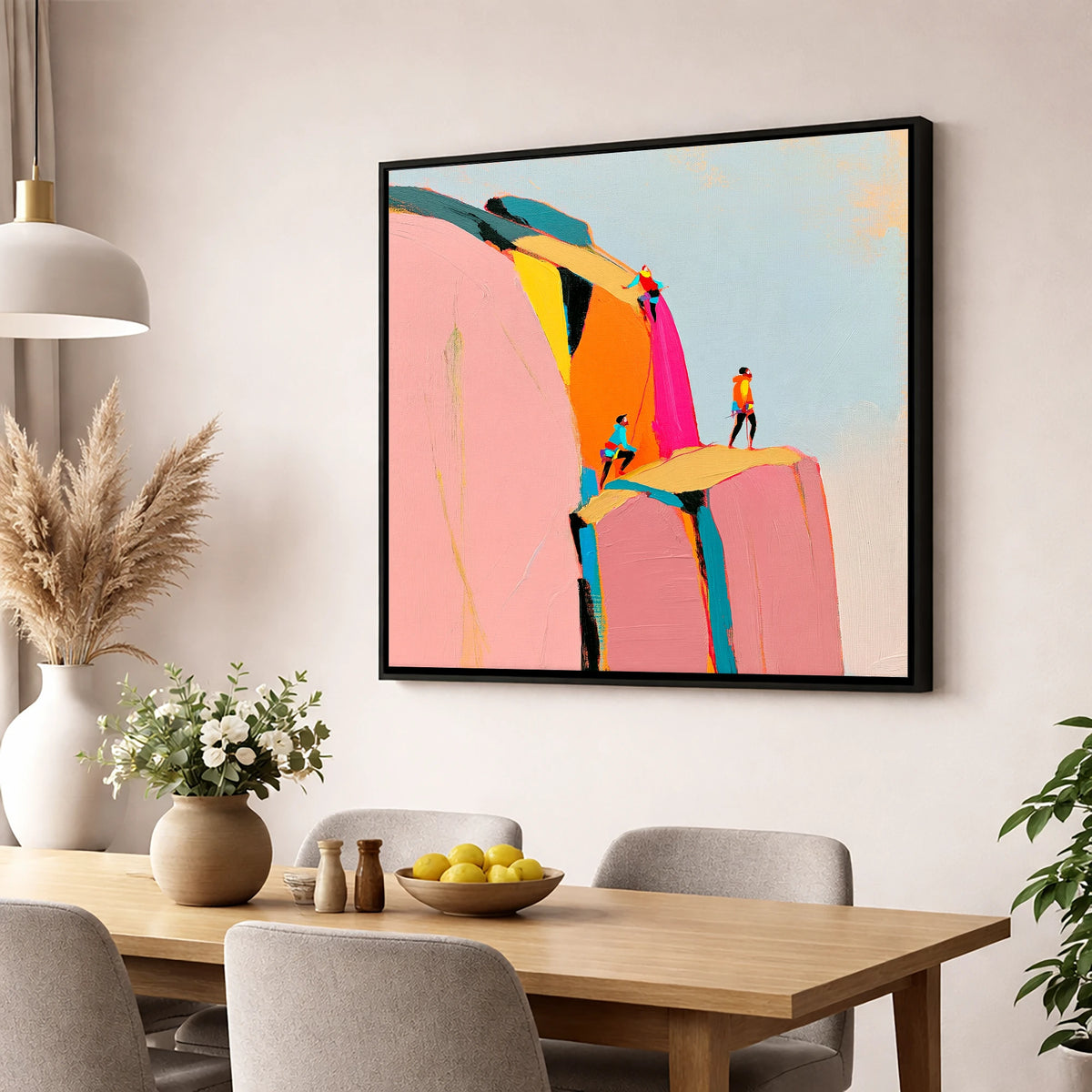 Vibrant Rock Climbers on Crag lake district walking wall art displayed in a dining room