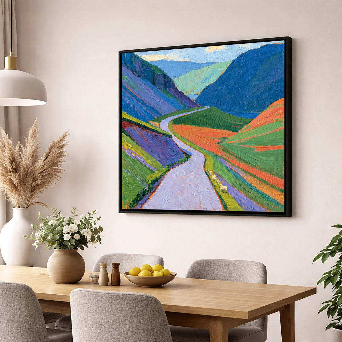 Winding Pass and Cobalt Fells lake district valley wall art displayed in a dining room