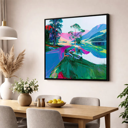 Vibrant Buttermere Lakeside Shore lake district lake wall art displayed in a dining room
