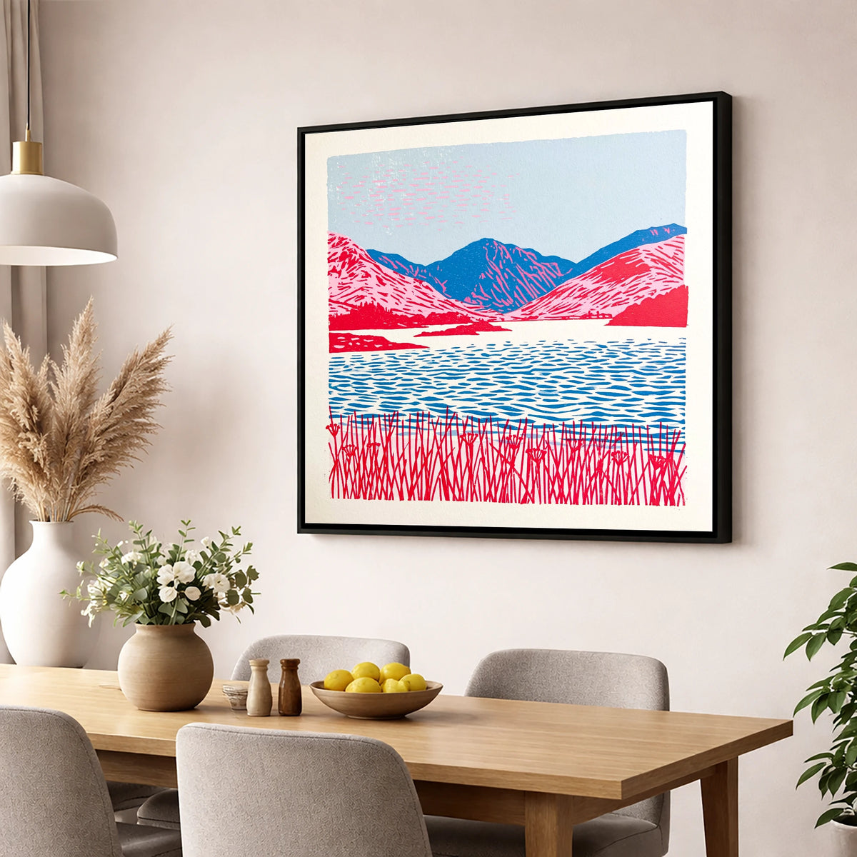 Vibrant Pink Fells and Lake lake district lake wall art displayed in a dining room