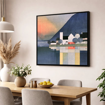 Lakeside Village Geometric Reflections lake district village wall art displayed in a dining room