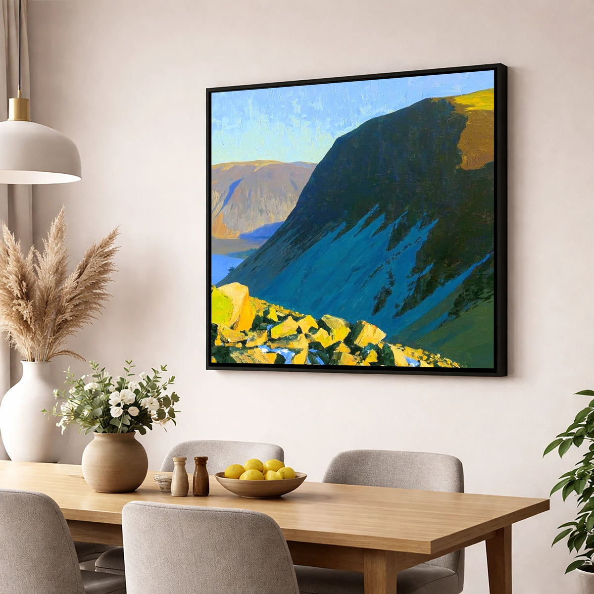 Whin Rigg Scree in Blue Shadow lake district fell wall art displayed in a dining room
