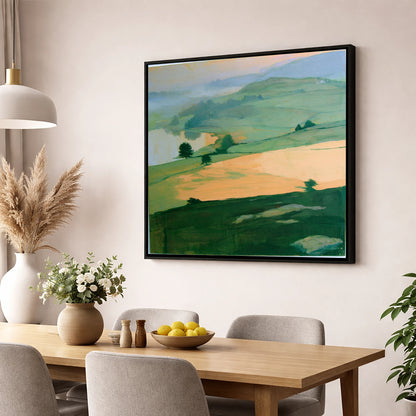 Misty Valley In Apricot Light lake district sky wall art displayed in a dining room