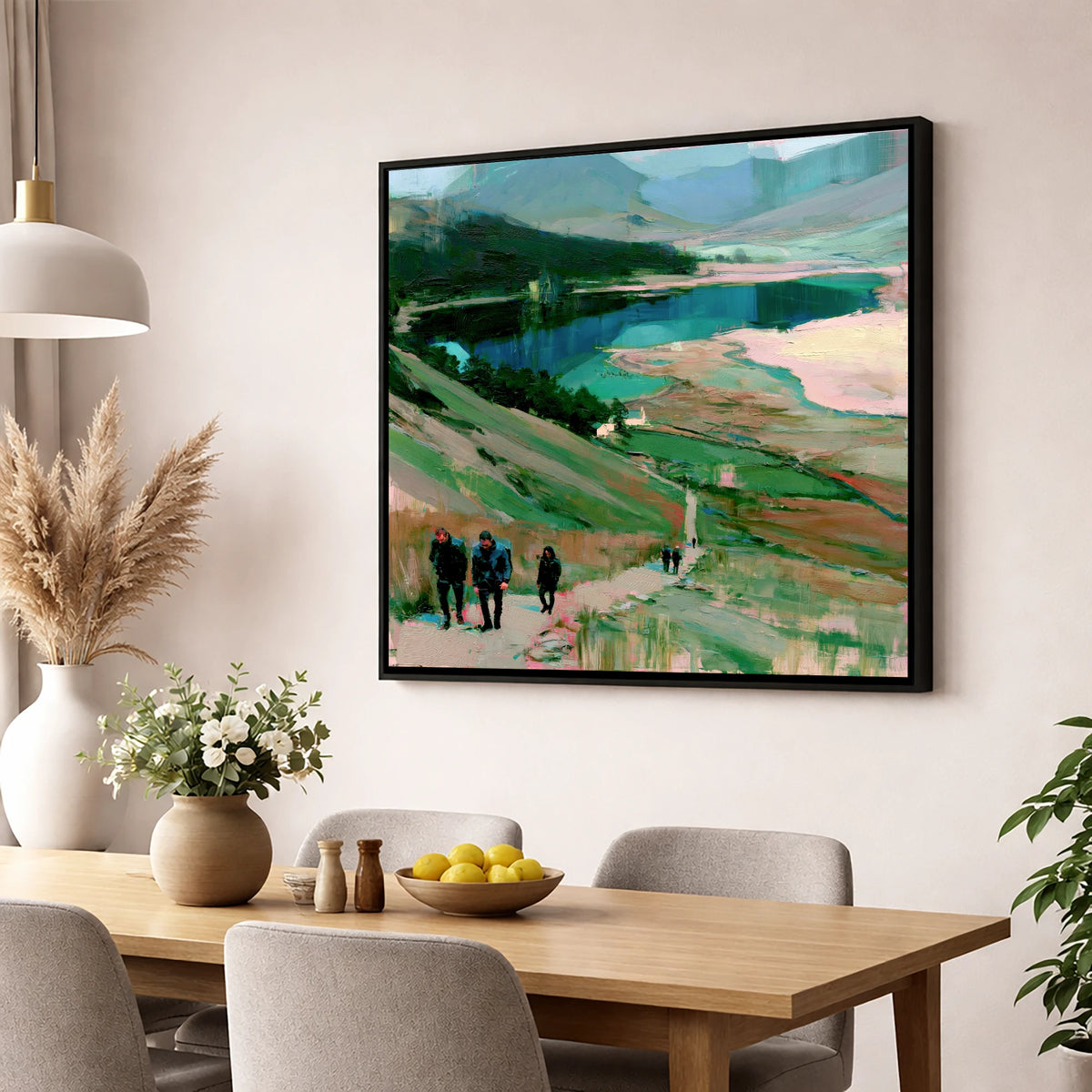 Fell Walkers Above the Lake lake district fell wall art displayed in a dining room