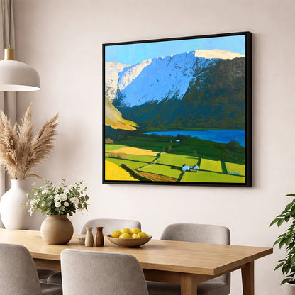 Sunlit Fields Below High Hartsop Dodd lake district fell wall art displayed in a dining room