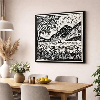 Monochrome Ennerdale Fells and Sailboat lake district valley wall art displayed in a dining room