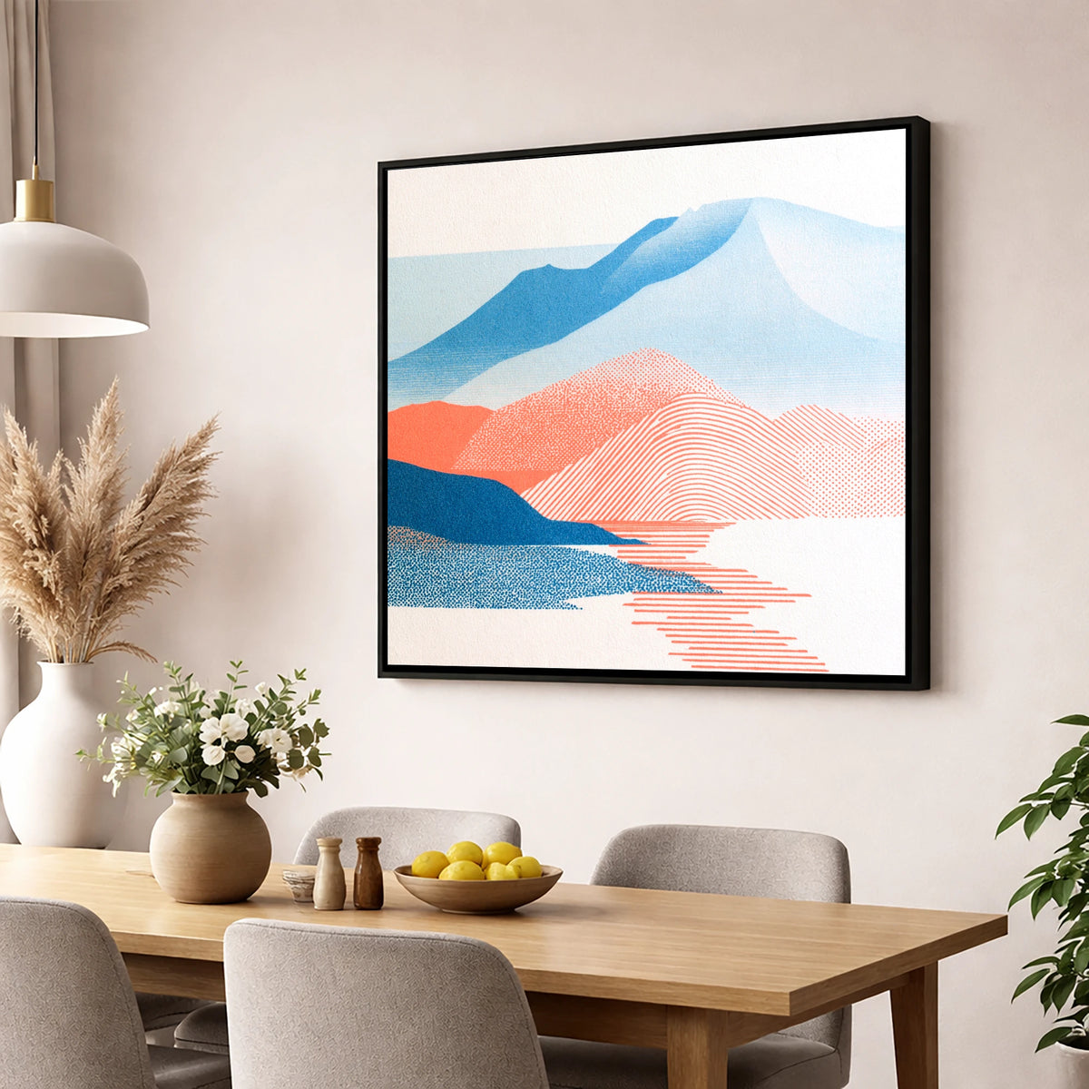 Graphic Skiddaw in Coral and Blue lake district fell wall art displayed in a dining room
