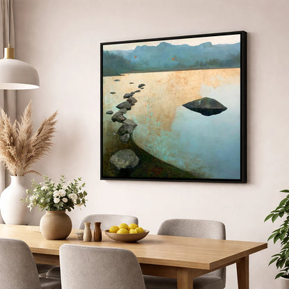 Scattered Rocks on Golden Elterwater lake district lake wall art displayed in a dining room