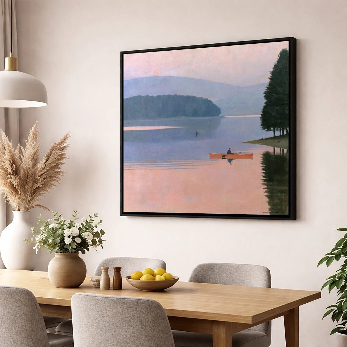 Sunrise Kayak on Pastel Waters lake district walking wall art displayed in a dining room