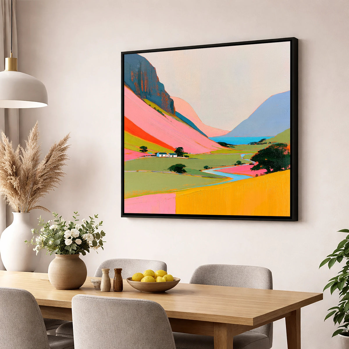 Colourful Valley Between the Fells lake district valley wall art displayed in a dining room
