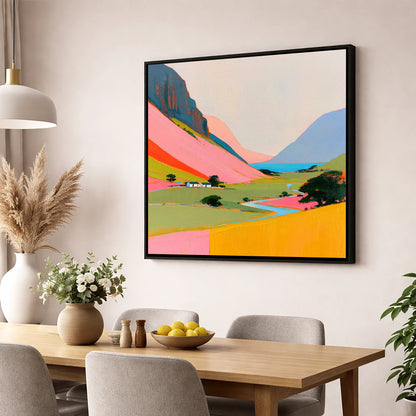Colourful Valley Between the Fells lake district valley wall art displayed in a dining room