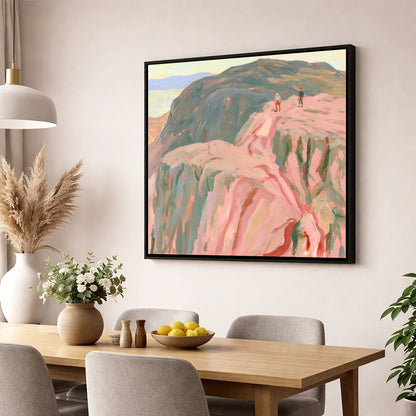 Climbers on a Rosy Crag lake district walking wall art displayed in a dining room