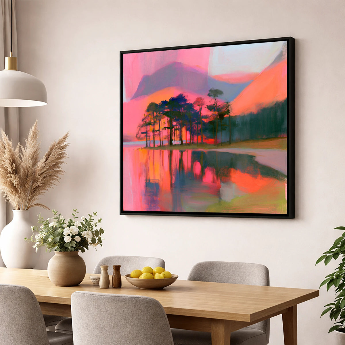 Neon Sunset Over Buttermere Pines lake district lake wall art displayed in a dining room