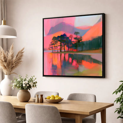 Neon Sunset Over Buttermere Pines lake district lake wall art displayed in a dining room