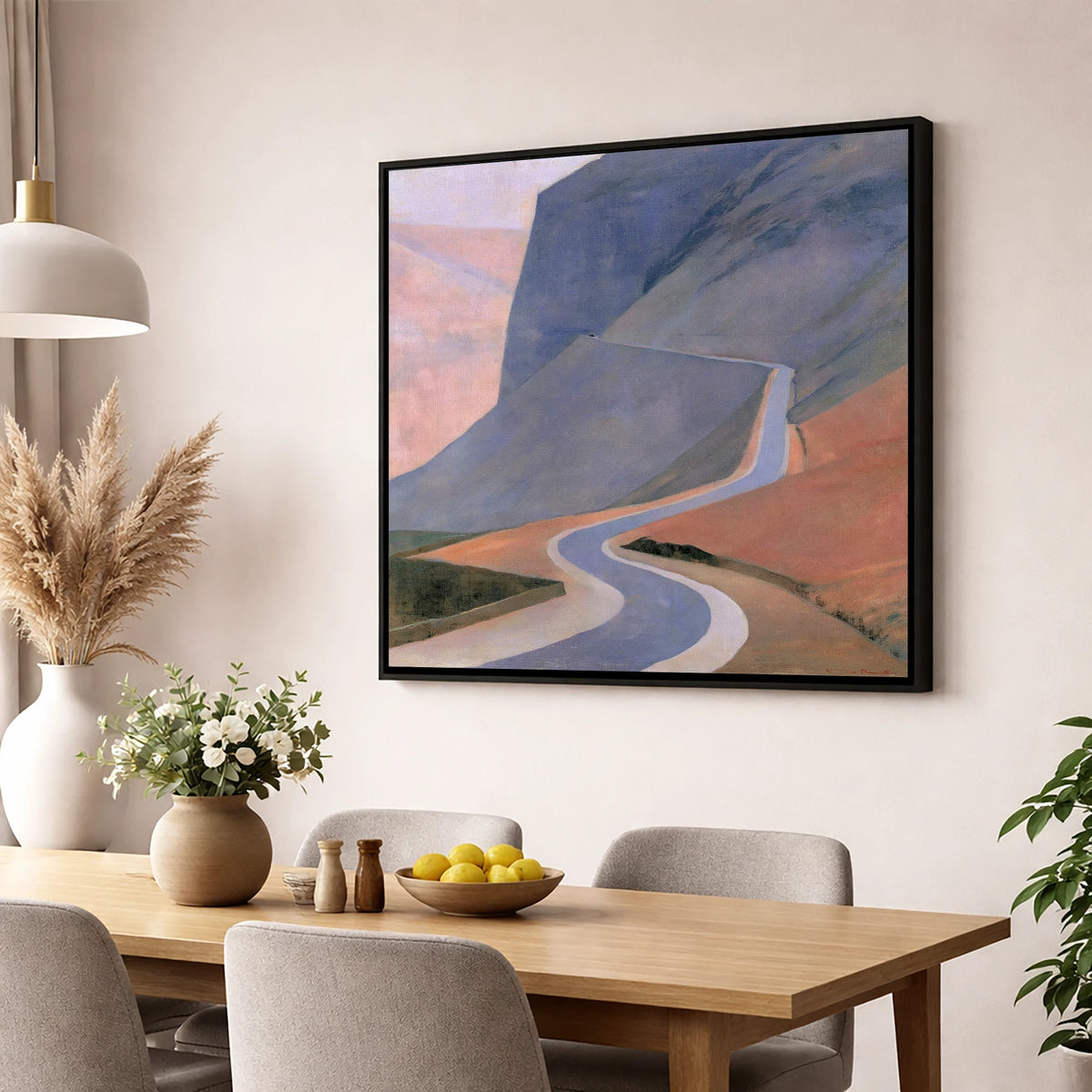 Sweeping Fell Road at Dusk lake district valley wall art displayed in a dining room