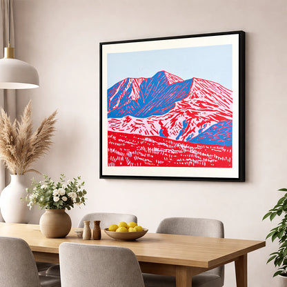 Graphic Red and Blue Helvellyn lake district fell wall art displayed in a dining room