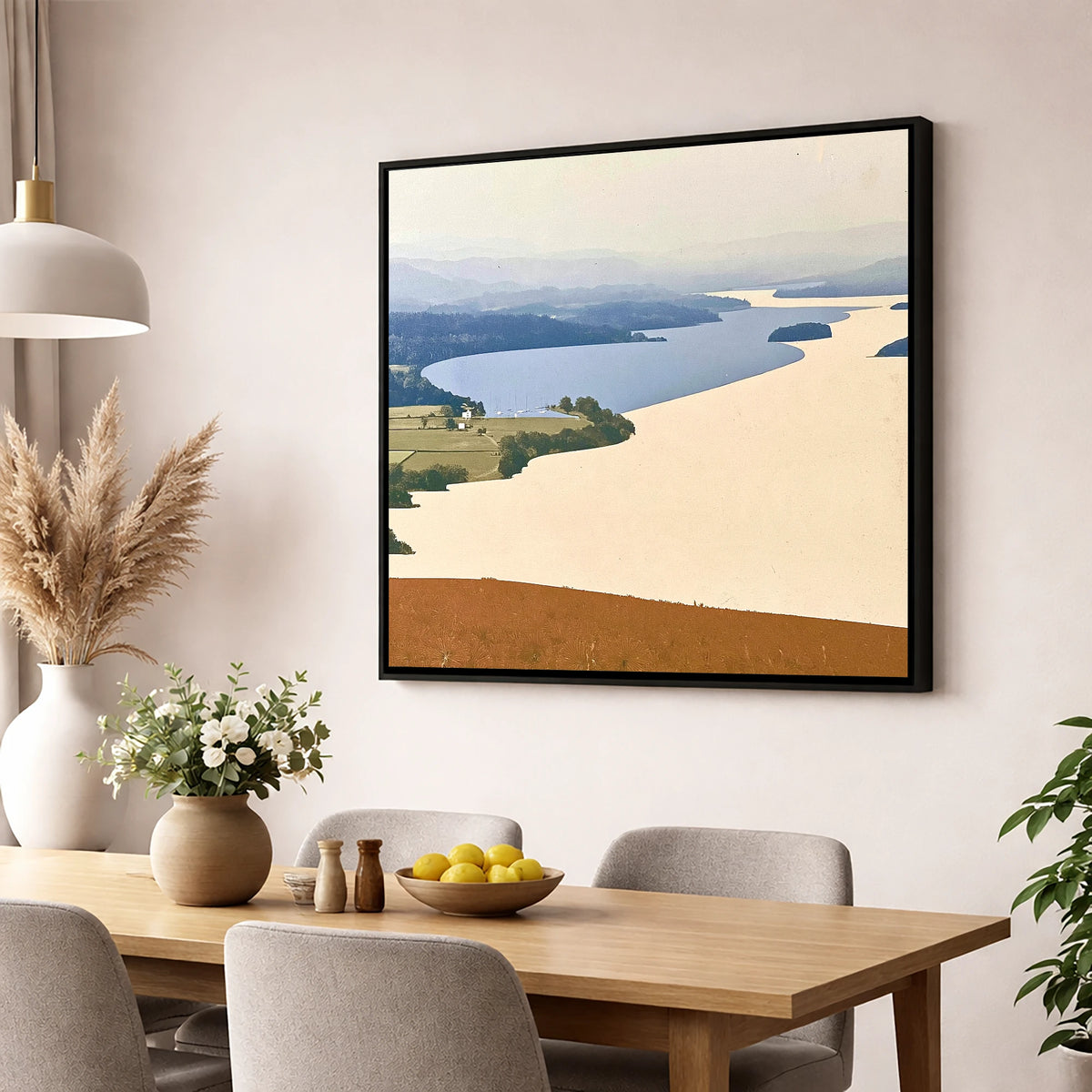 Slate Blue Windermere from Above lake district lake wall art displayed in a dining room