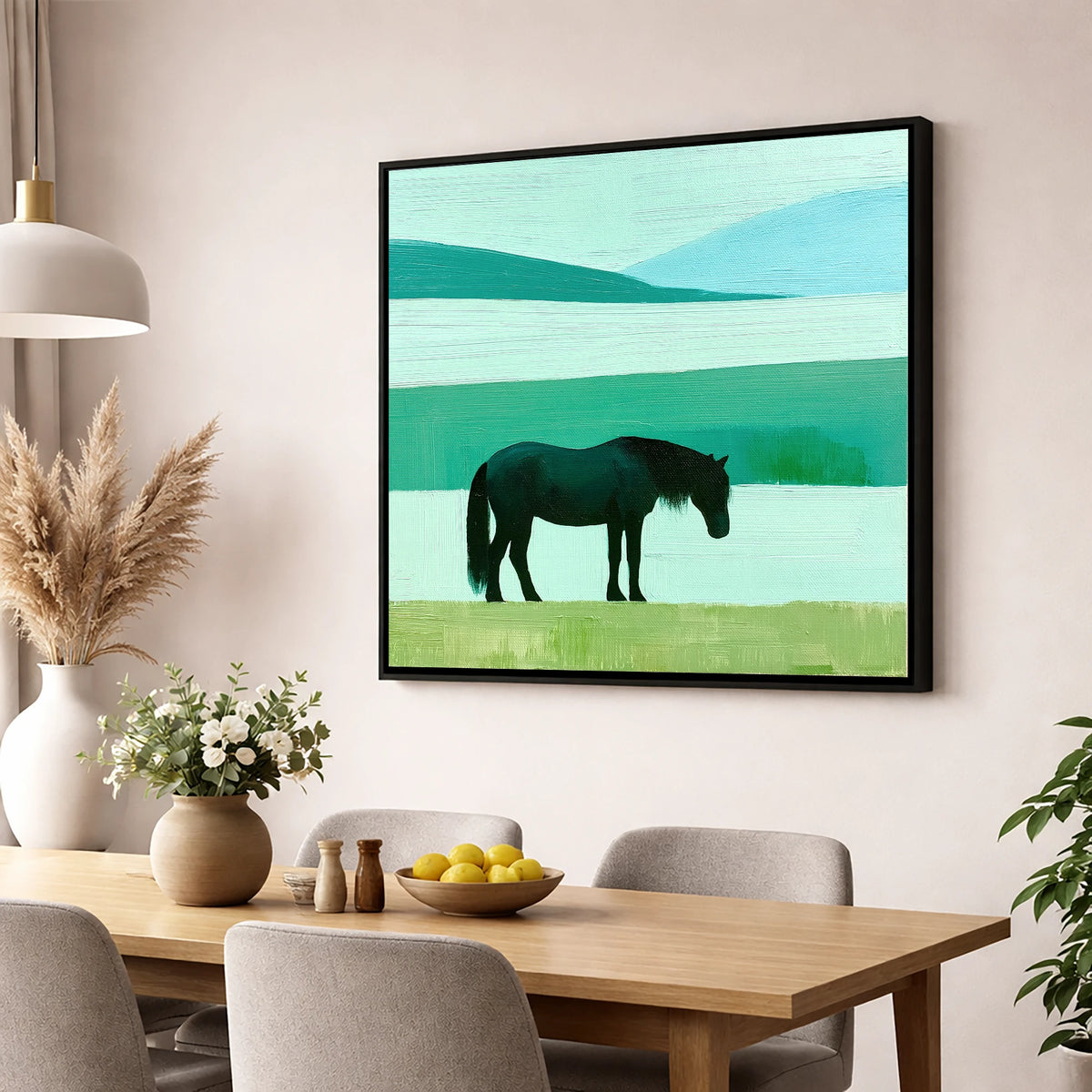 Fell Pony in Teal Fells lake district wildlife wall art displayed in a dining room
