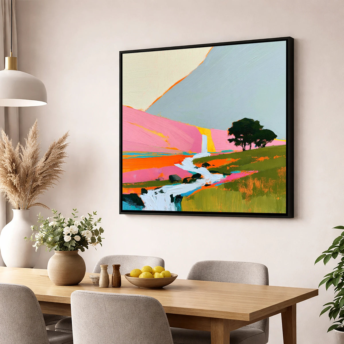 Bright Pink Fellside Beck lake district waterfall wall art displayed in a dining room