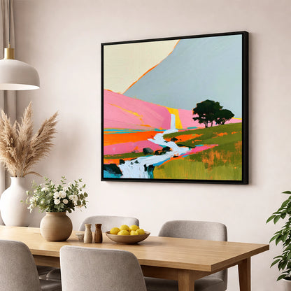Bright Pink Fellside Beck lake district waterfall wall art displayed in a dining room