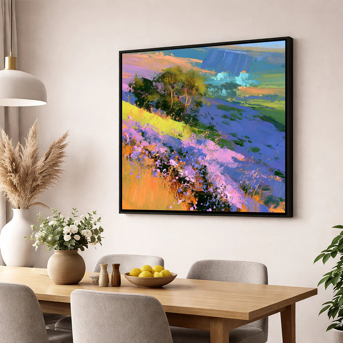 Vibrant Heather Fellside in Bloom flowers & fellsides wall art displayed in a dining room