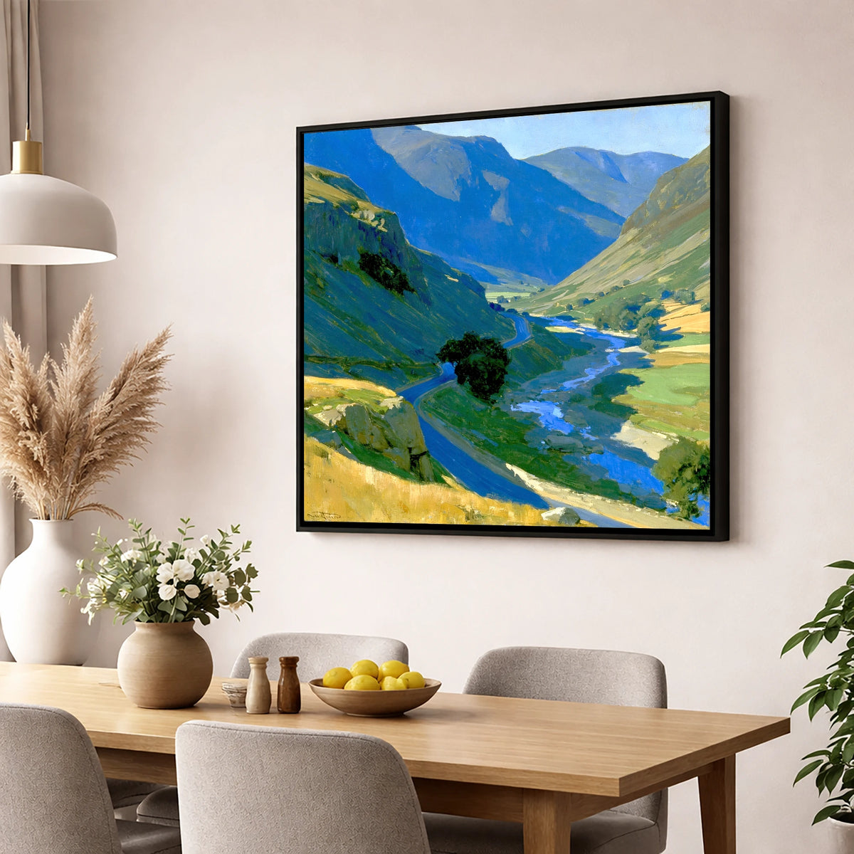 Cobalt Shadows on the Mountain Pass lake district valley wall art displayed in a dining room