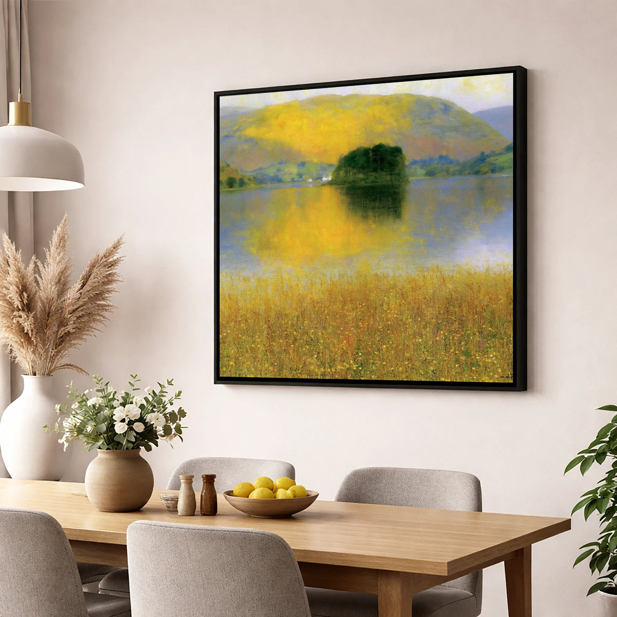 Golden Fells at Grasmere lake district lake wall art displayed in a dining room