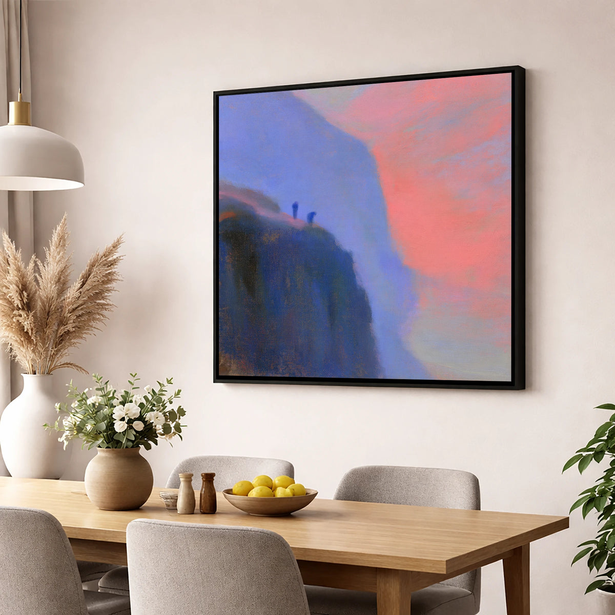 Crag Climbers in Pink Twilight lake district walking wall art displayed in a dining room