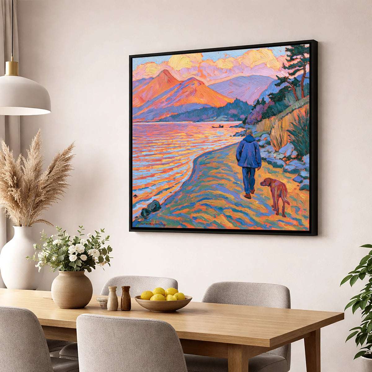 Vibrant Derwentwater Dog Walk gifts for dog walkers wall art displayed in a dining room