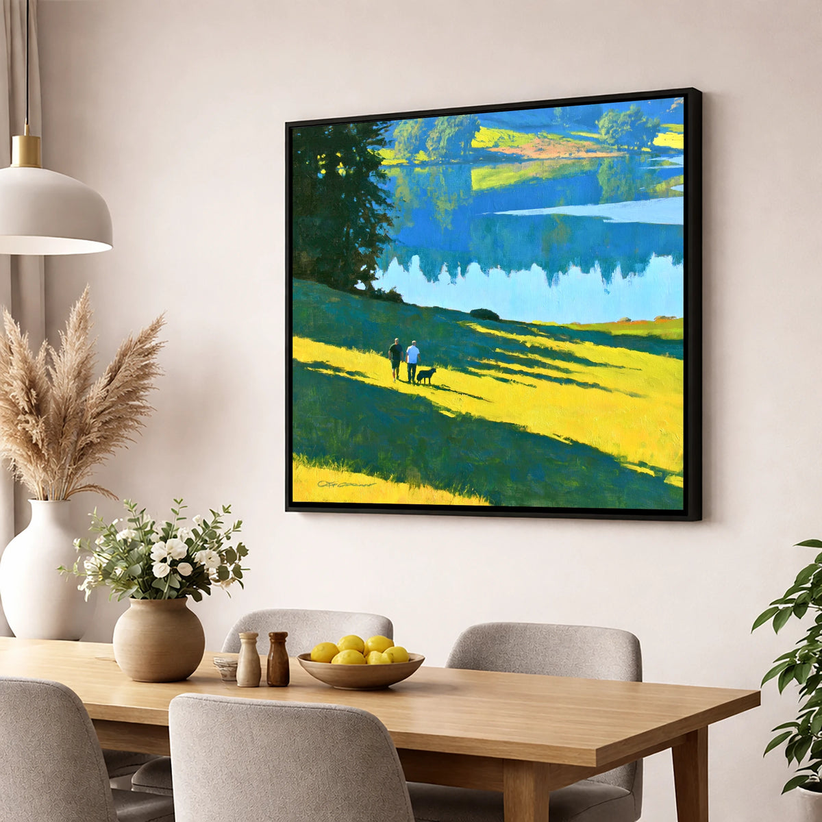 Sunlit Dog Walkers at Tarn Hows gifts for dog walkers wall art displayed in a dining room